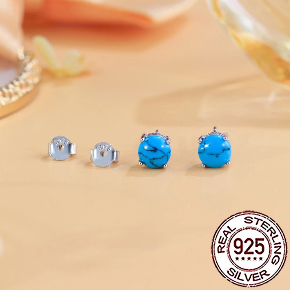 S925 Sterling Silver Turquoise Stud Earrings - Women’s Round Chic Jewelry - HalleBeauty